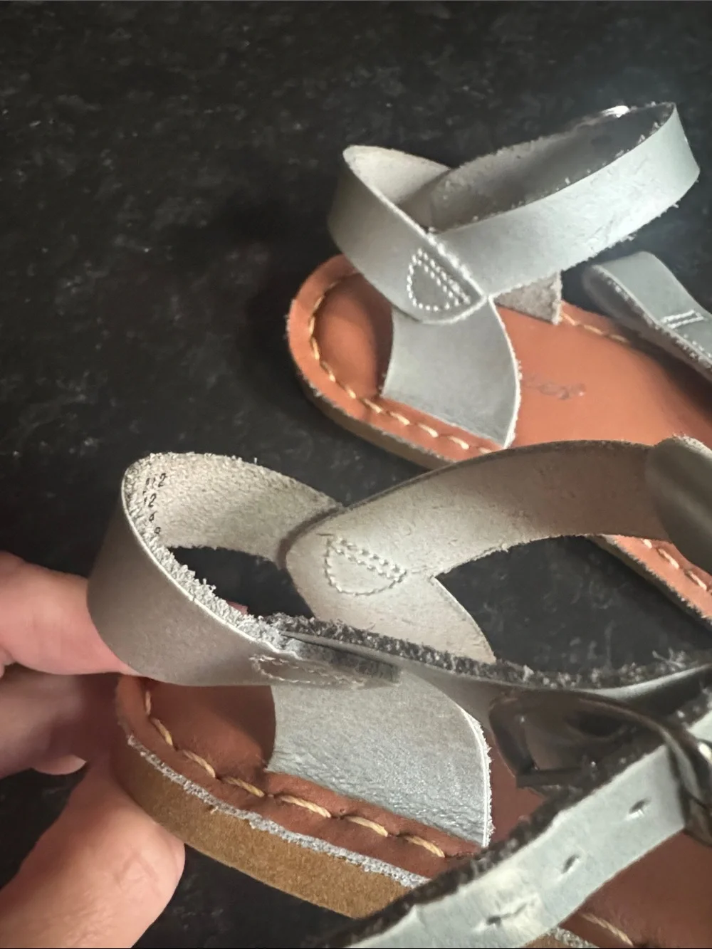 Salt Water Sandals by Hoy Silver T-Strap Kids Sandals with Tan Footbed